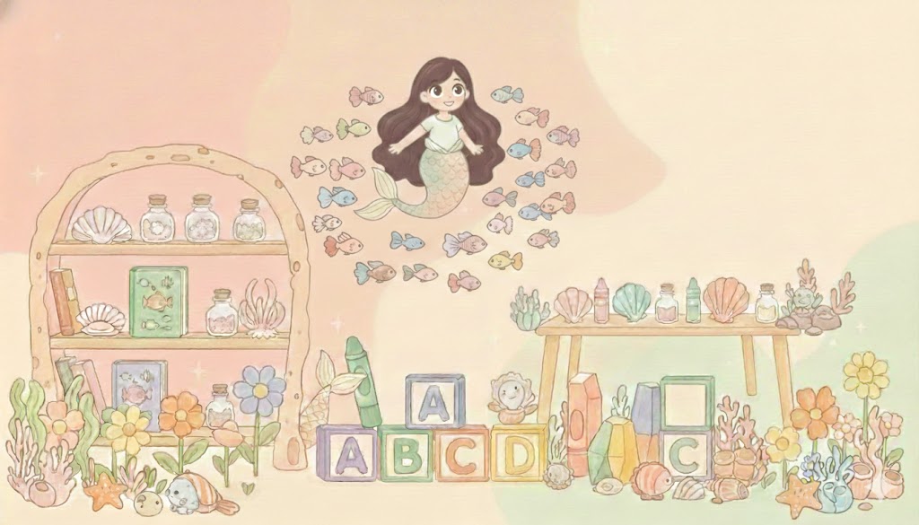 Mermaid preschool illustration with ABC blocks and colorful fish